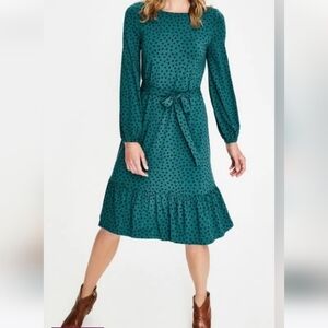 Boden Holly Teal Polka Dot Long Sleeve Belted Midi Dress Jersey Stretch Sz 4R